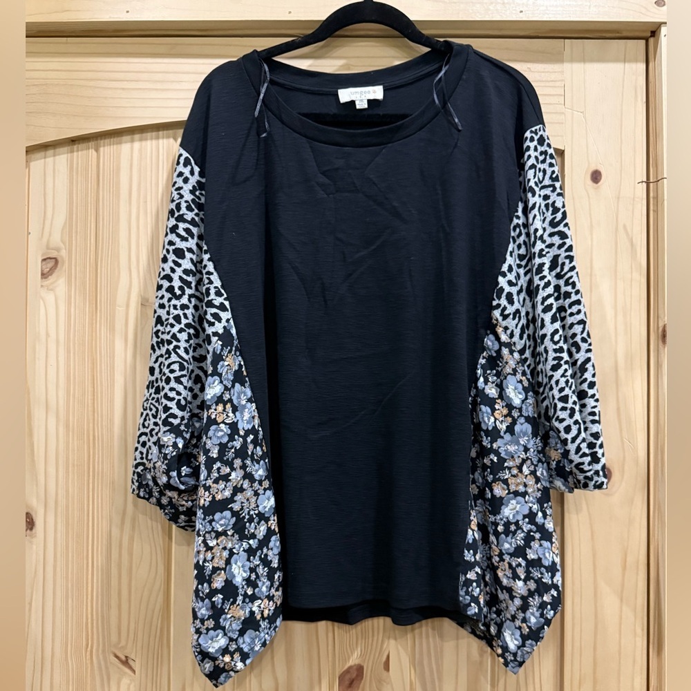 Umgee USA Plus Size‎ 2XL Mixed Print Top Leopard Floral Black Slub Knit Boho